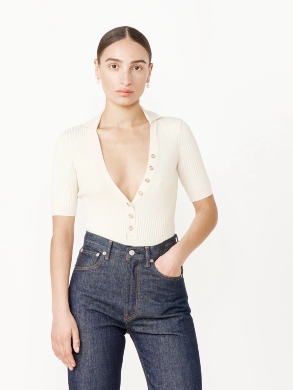 Jacquemus Le Body Yauco Polo Bodysuit Beige Ribbed Knit Size 32 XS